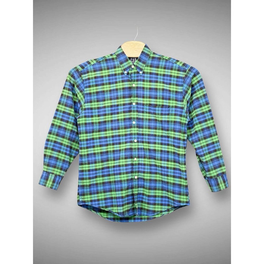 GAP Shirt Mens Medium Green Blue Tartan Plaid Oxford Button Down Heavyweight VTG